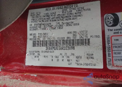 2010 Ford Fusion Sel z USA, uszkodzony, nr VIN 3FAHP0JG5AR333098